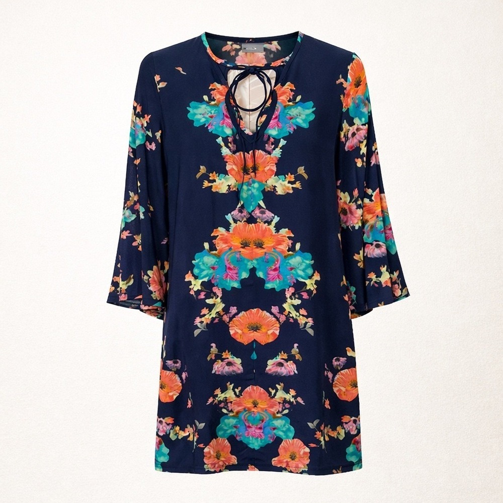 Tolani Silk Floral Shift Dress Navy Blue Keyhole Tie Neck Boho Small‎